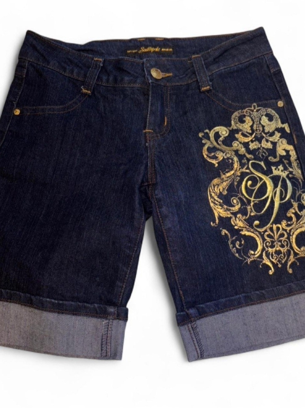 South Pole Dark Indigo Relaxed Women’s Denim Shorts with Gold Print Sz 5